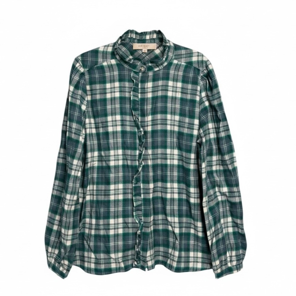 LOFT Green Plaid Ruffle High Neck Ruffle Front Button Down Shirt NEW Size Large - Picture 2 of 16